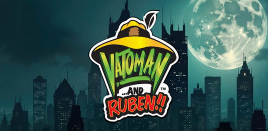 Dark ominous city scape with bright full moon and the VATOMAN …and RUBEN!! logo centered