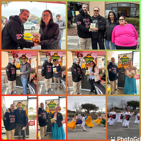 Collage of Gabriel Cortes and fans in attendance for comic book Vatoman and Ruben!! promo launch at sylvan learning in Salinas, California